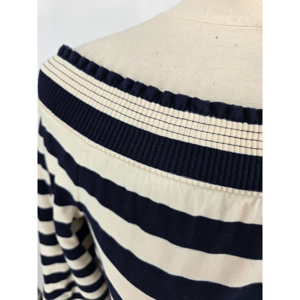 J Crew XS Stripe Knit Mini Dress Off Shoulder 3/4 Sleeve Bow Cuff 100% Cotton - Picture 5 of 11